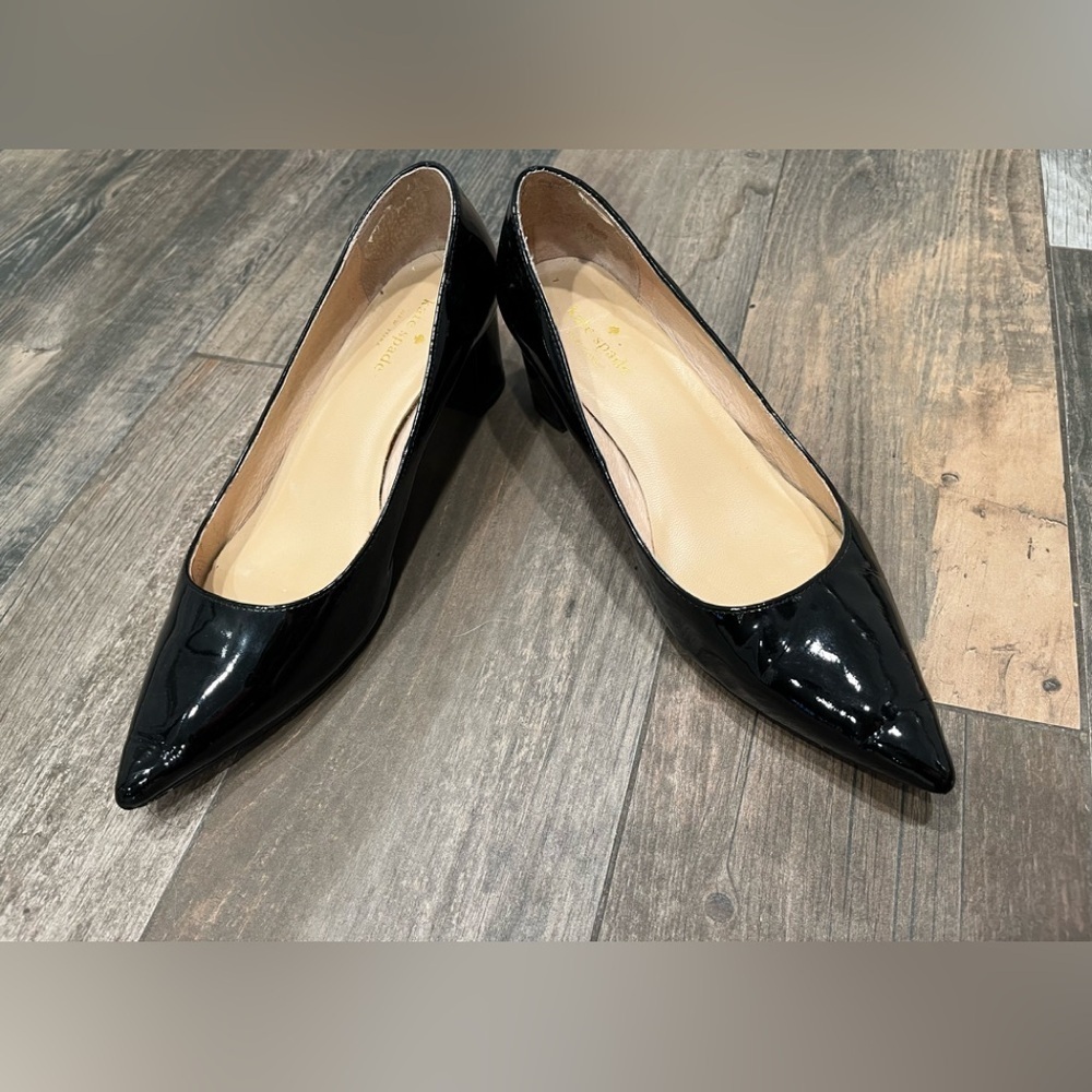 Kate Spade Black Patent Leather Milan Block Heels Point Toe Size 8.5
